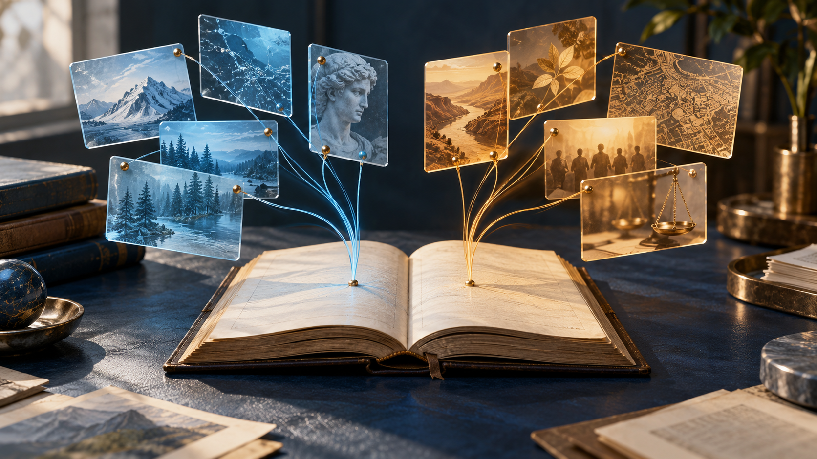 Blue and amber image cards connected by separate threads to an open ledger, illustrating preserved perspectives.