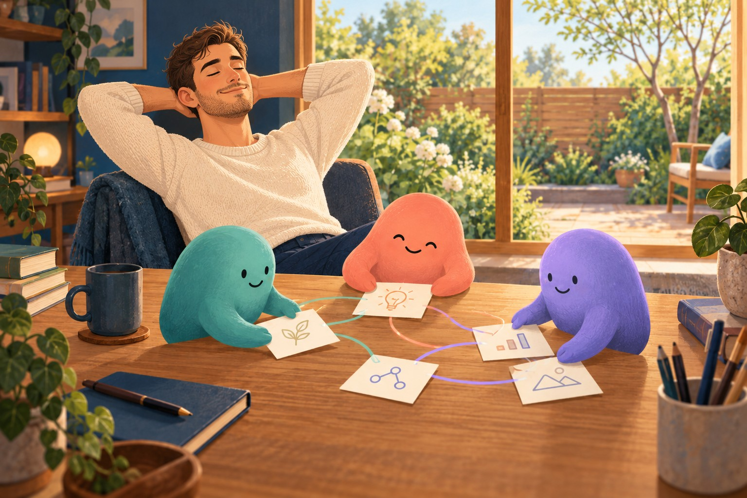 A relaxed man leans back as three colorful AI assistants share idea cards on a desk beside a sunny fenced garden.