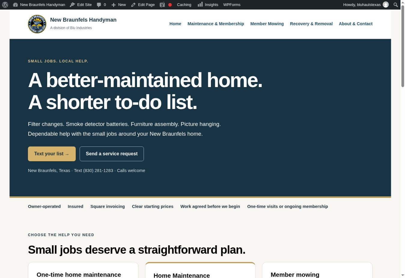 Homepage preview of New Braunfels Handyman, featuring clear service information and estimate buttons