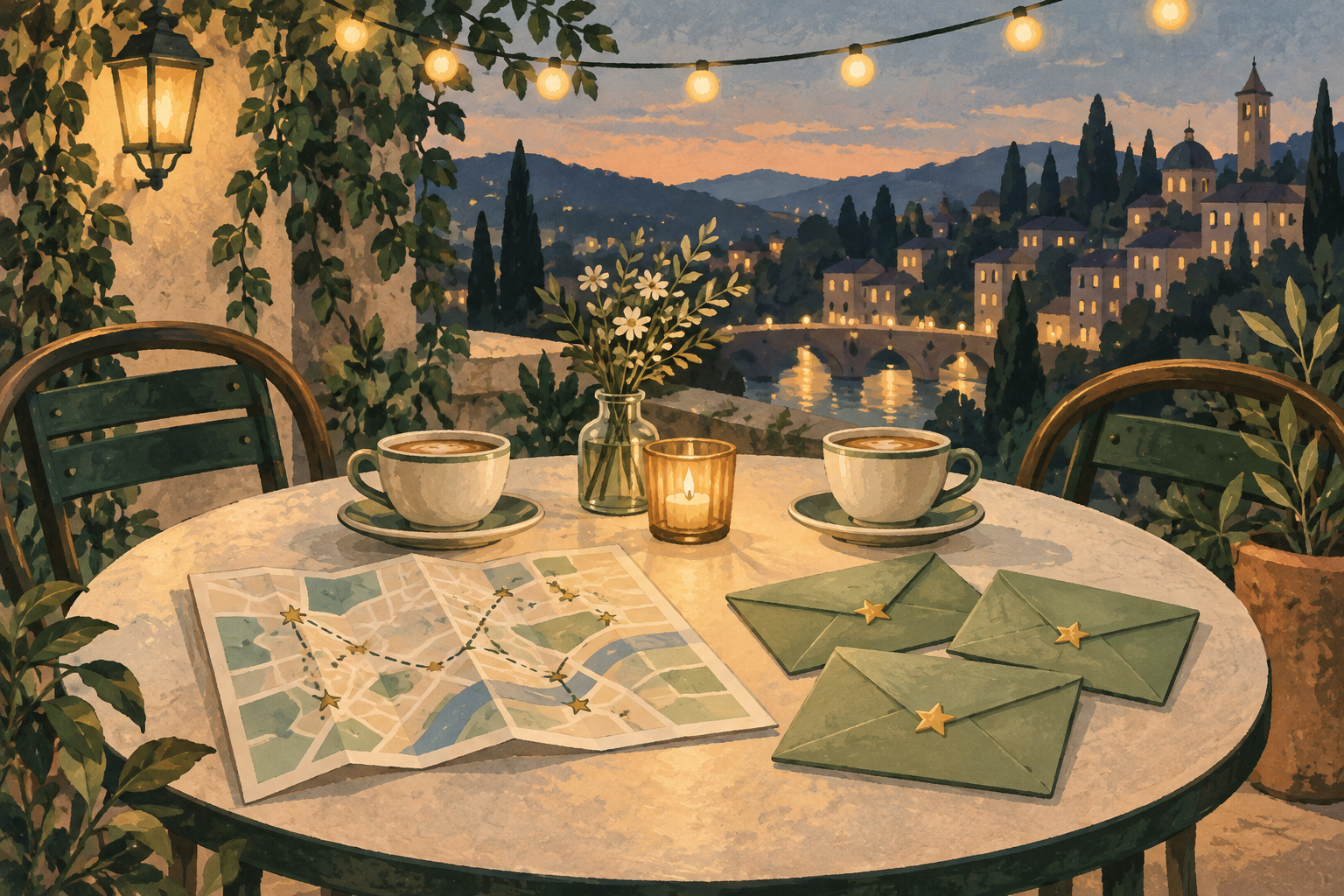 Illustration of an evening table for two with a route map and sealed surprise envelopes