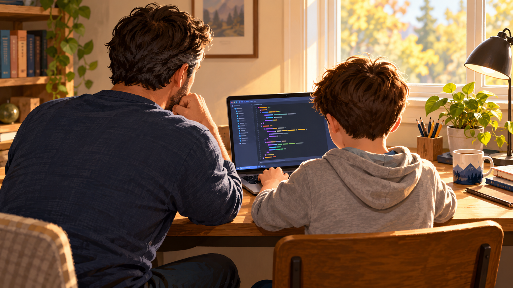 Illustration of a father watching beside his son as the boy types code on a laptop, viewed from behind.