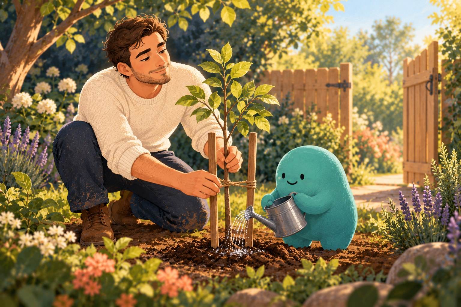 A man and a small teal imagined AI companion tend a young tree in a sunny fenced garden.