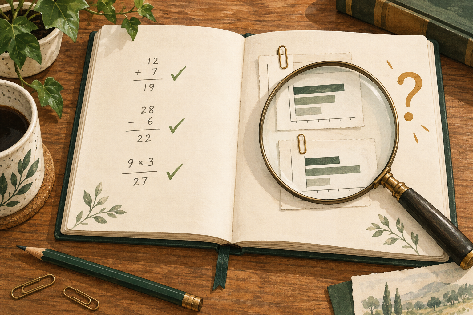 An open notebook pairs a checked calculation with source cards examined under a magnifying glass.