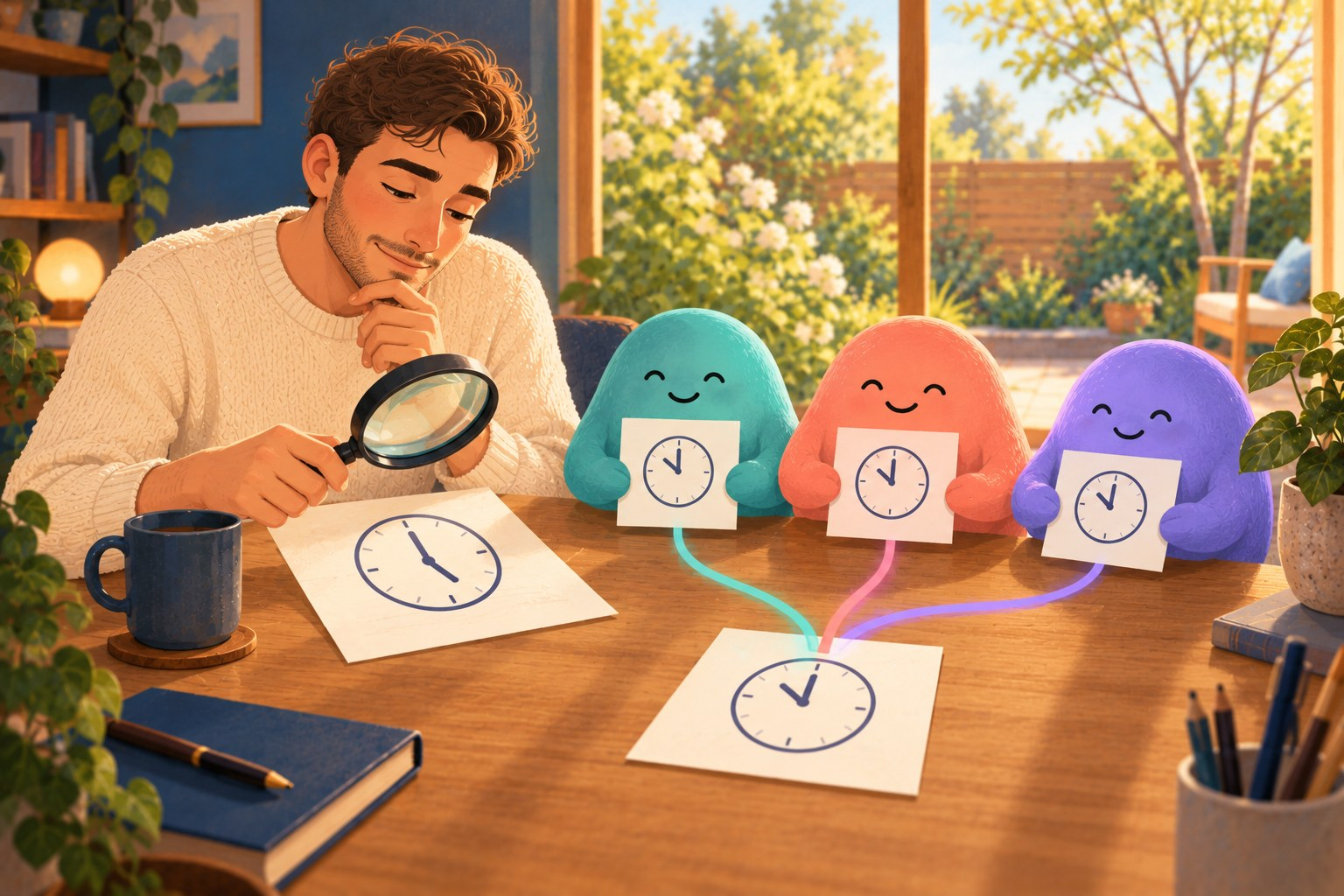 Three illustrated AI companions share matching clock cards from one source while a man examines a different source with a magnifying glass.